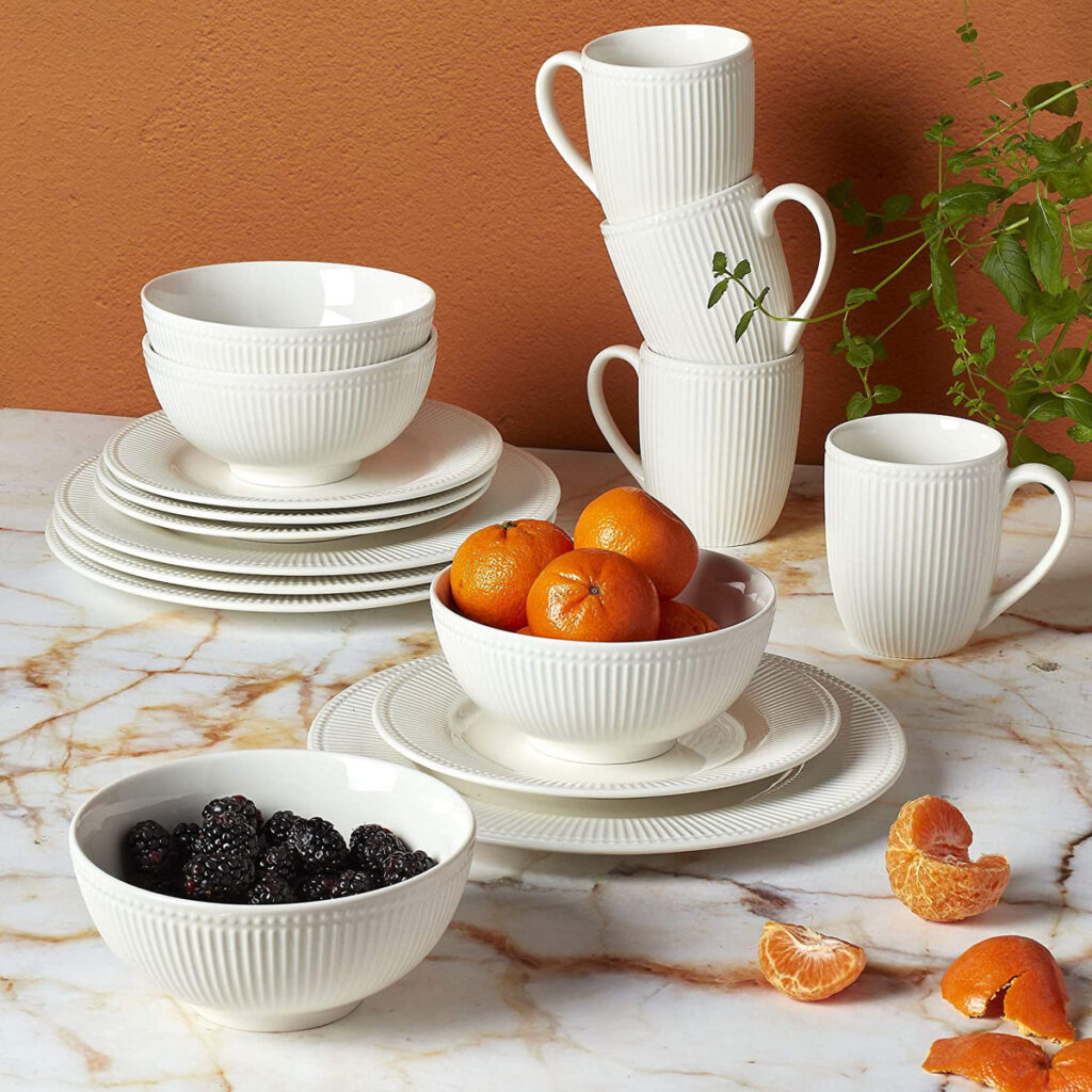 Tabletops Gallery Fleur 16 Piece Dinnerware Set Embossed Bone White Porcelain