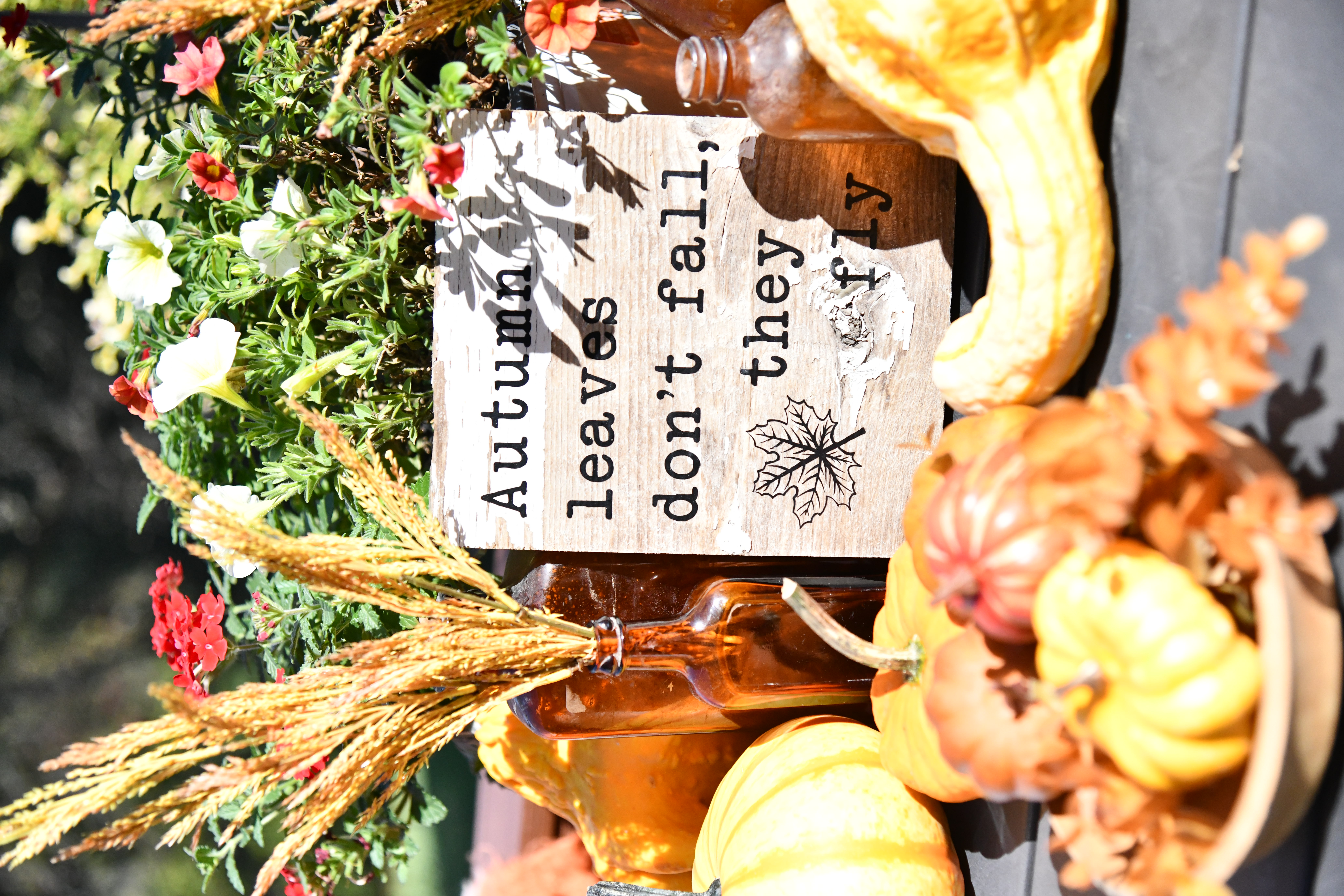 Outdoor fall view of items on railing, Autumn leaves don't fall, they fly barn wood sign, pumpkin in wooden bowl flowers, collection of brown bottles on table