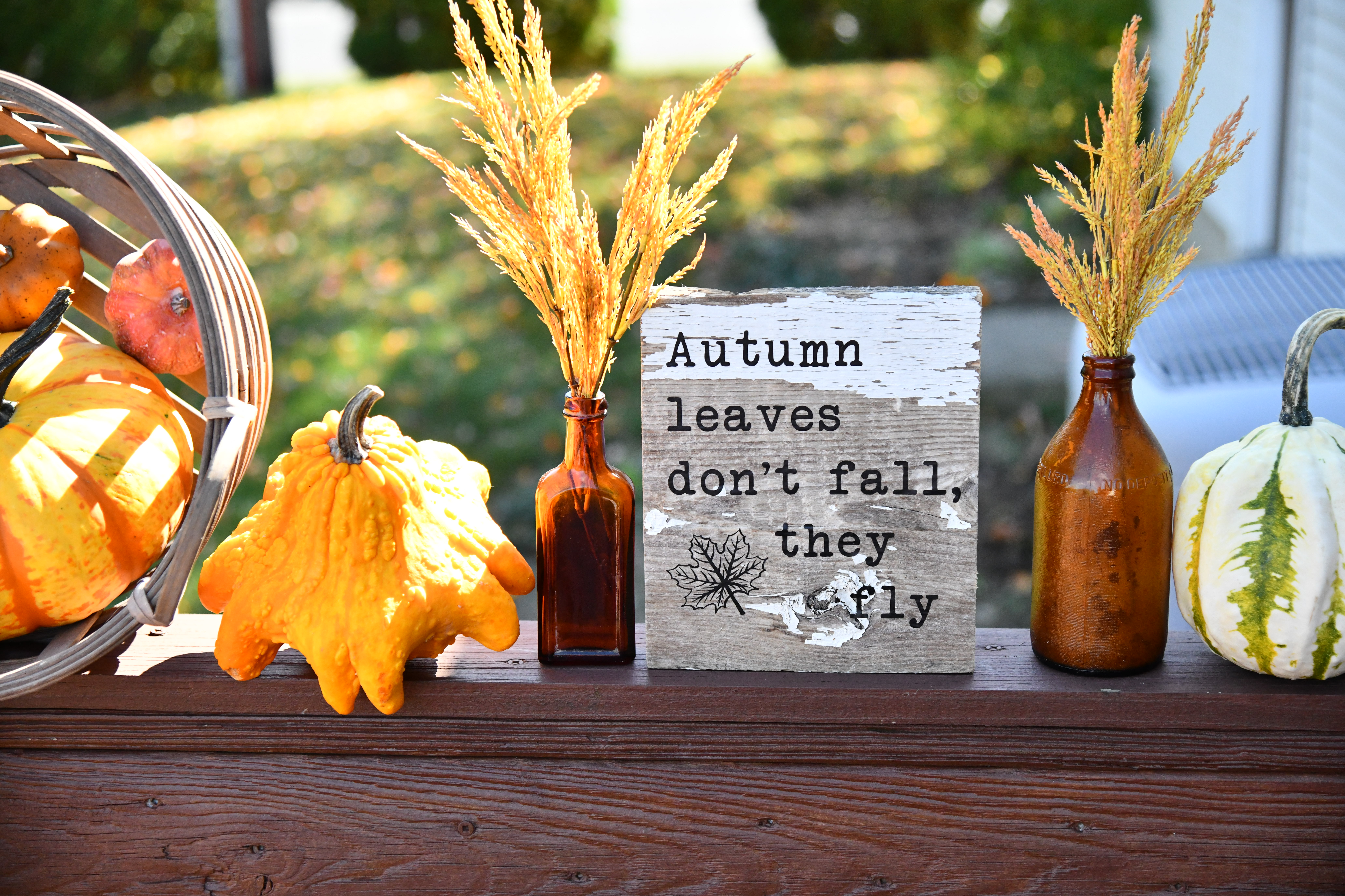 Outdoor fall view of items on railing, Autumn leaves don't fall, they fly barn wood sign, pumpkins in crate dried fall yellow floral in two amber bottles and green and white pumpkin with blurred grass background
