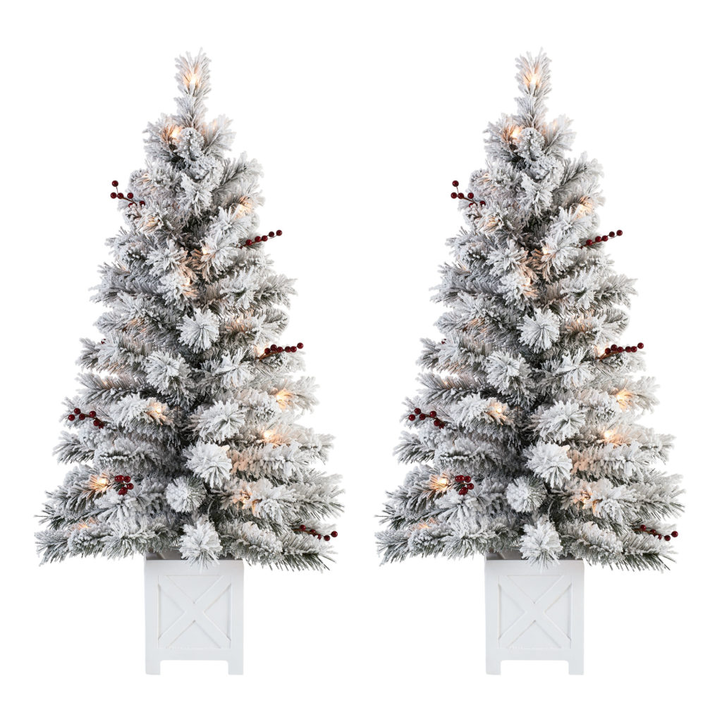 Holiday Time Pre-Lit Flocked Potted Tree Christmas Decoration, Set of 2, Warm White