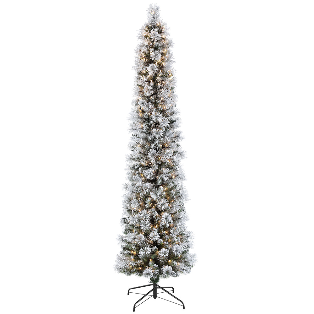 Puleo International 7.5 ft Pre-Lit Flocked Pencil Portland Pine Artificial Christmas Tree with 350 UL-Listed Clear Lights