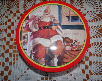 Vintage Santa with Coke/Coca-Cola Round Metal Cookie Tin