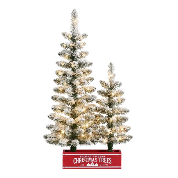 Holiday Time 3ft Pre-lit Flocked Farmhouse Christmas Tree Set, Warm White Micro LED, Green, 3'