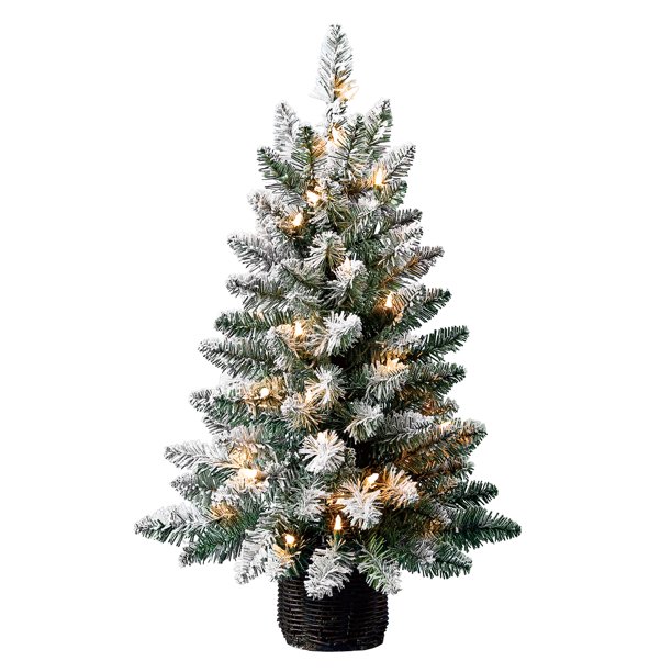 Holiday Time Pre-Lit 35 Clear Incandescent Lights Cooper Flocked Spruce Artificial Christmas Tree, 24"