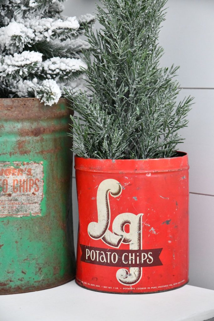 Vintage Christmas Tree Stands Red Metal LG Red Potato Chip Bucket with tree