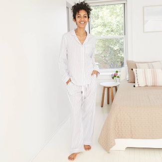 Women's Striped Perfectly Cozy Flannel Long Sleeve Notch Collar Top and Pants Pajama Set - Stars Above