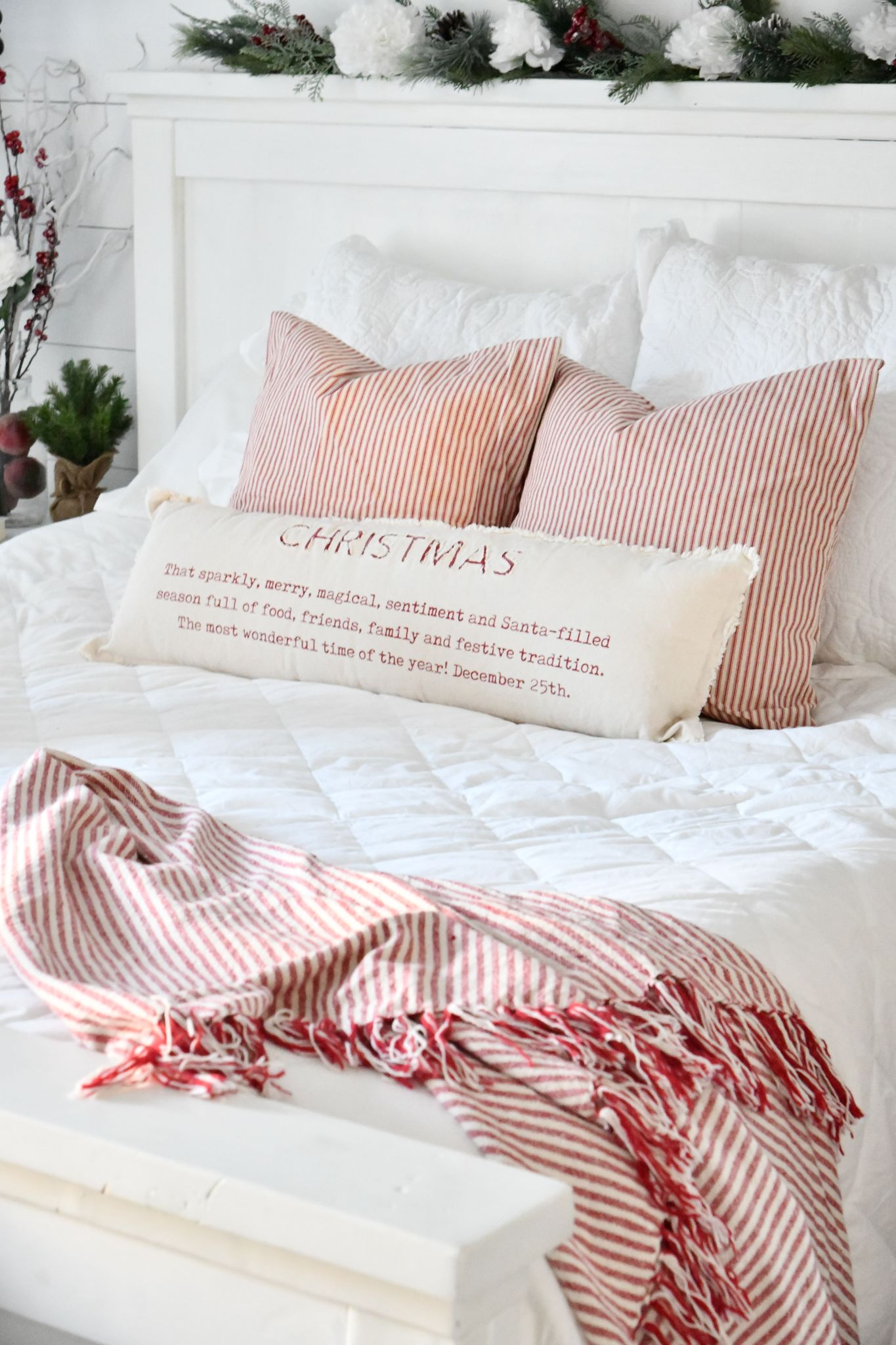White bedding red pillows Christmas pillow red blanket Christmas decor