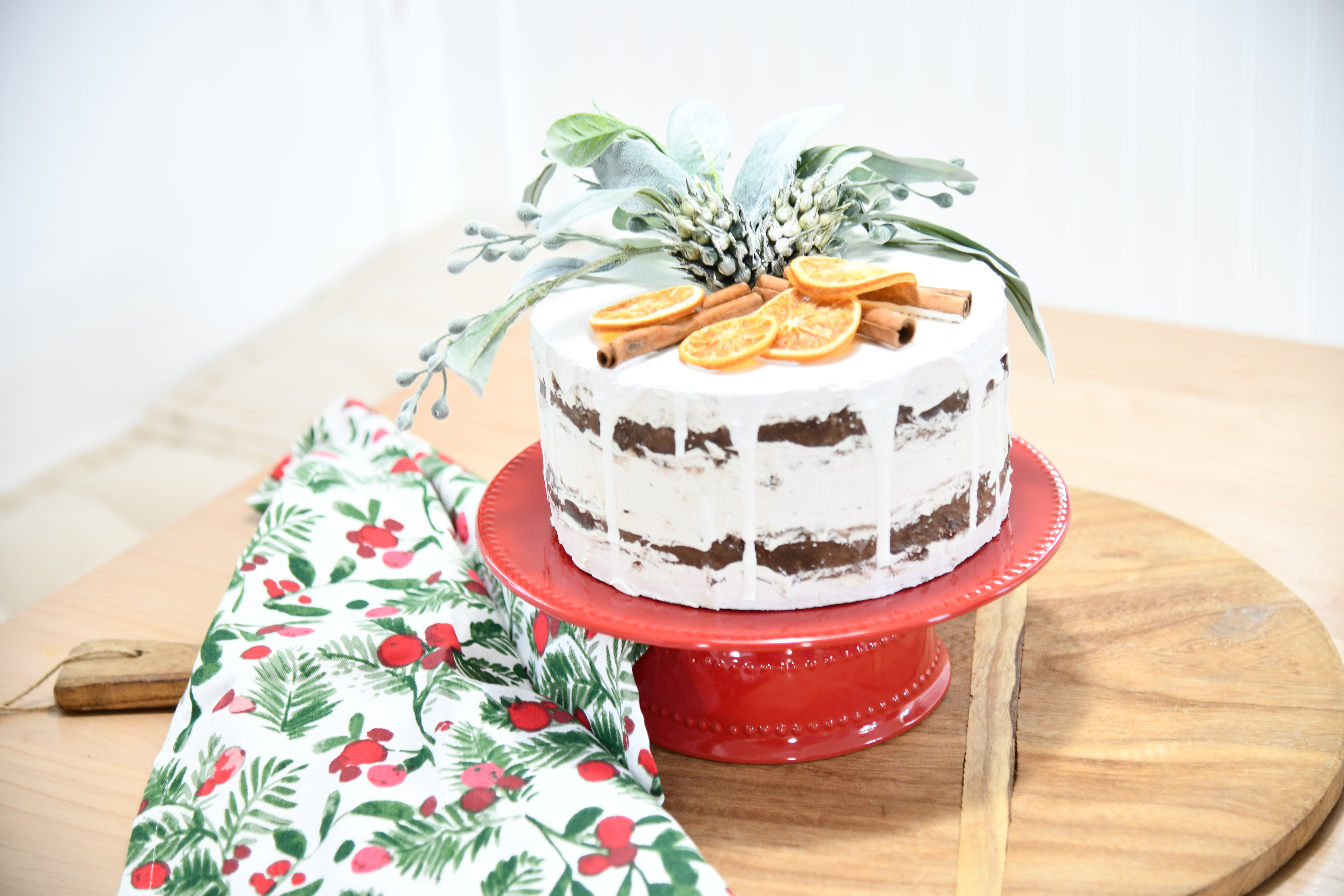 Christmas Cake on Table Red DIY Cake Stand with Tea Towel