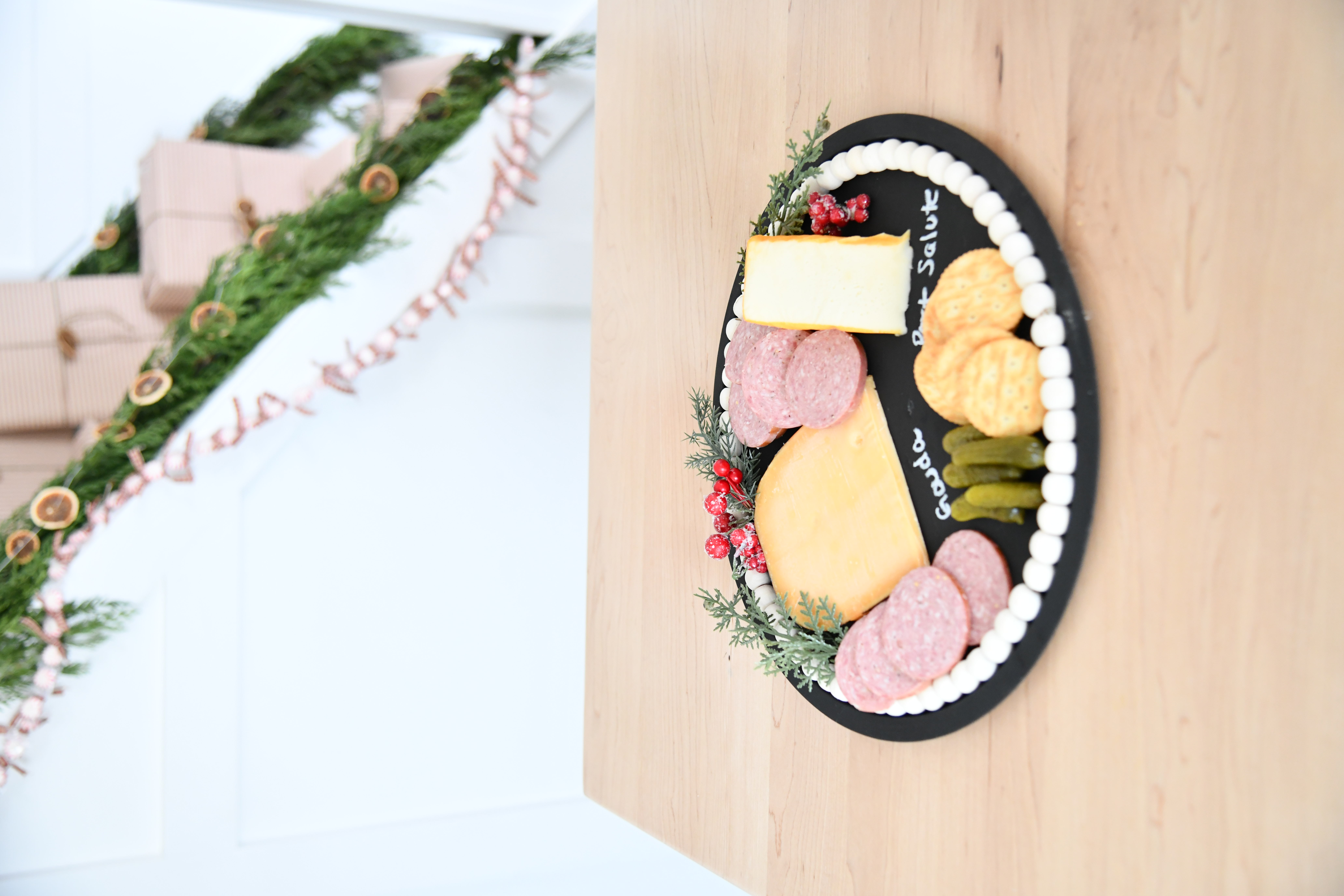 DIY Chalkboard Charcuterie Board With Beads Finished with meat and cheese