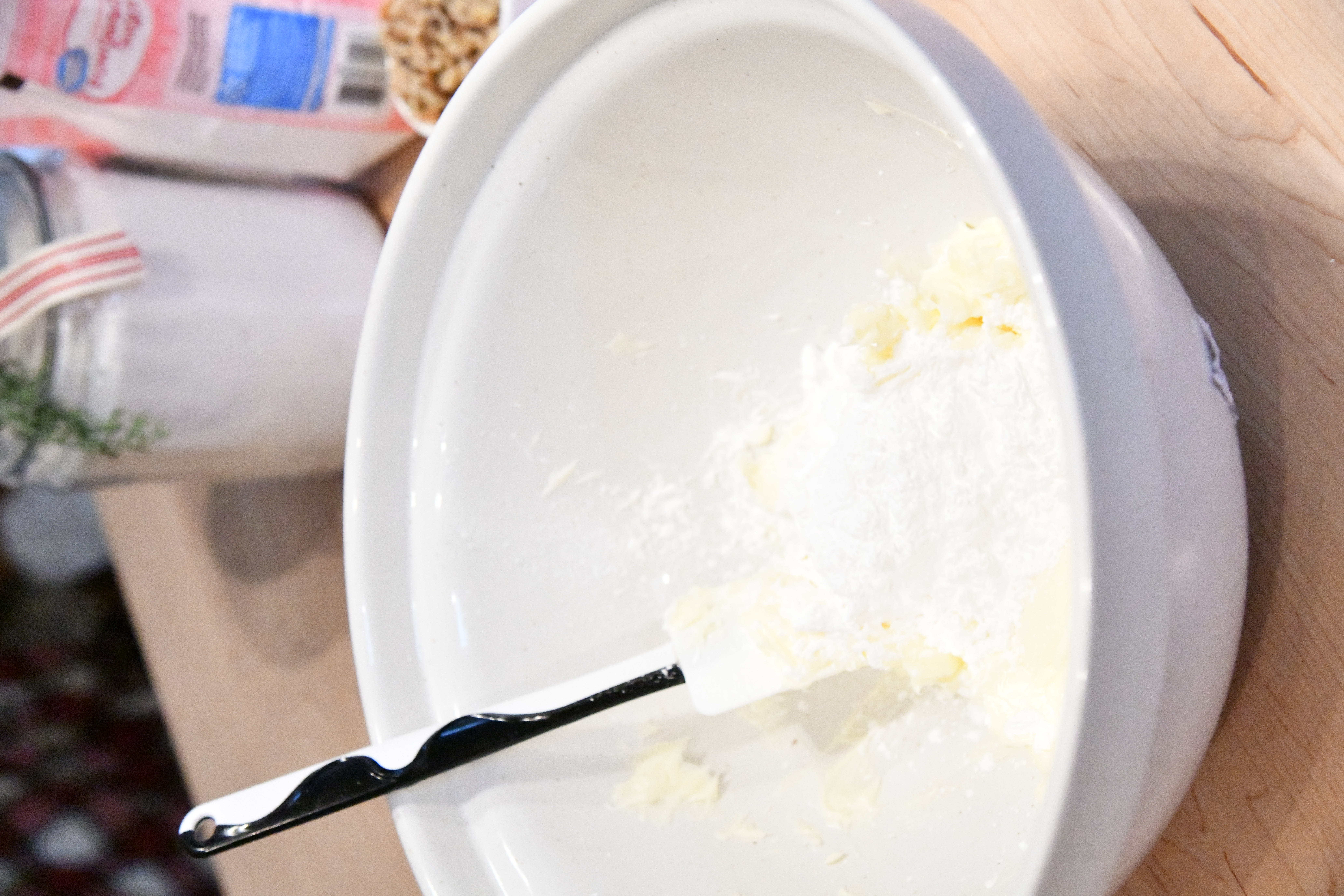 Powdered sugar, vanilla, butter in mixing bowl