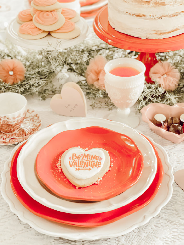 Farmhouse Inspired Valentine's Day Tablescape sugar cookie and red punch