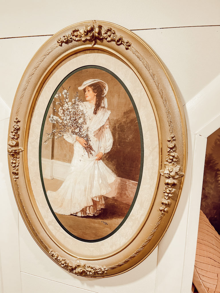 vintage oval frame in guest room with victorian vintage lady in dress