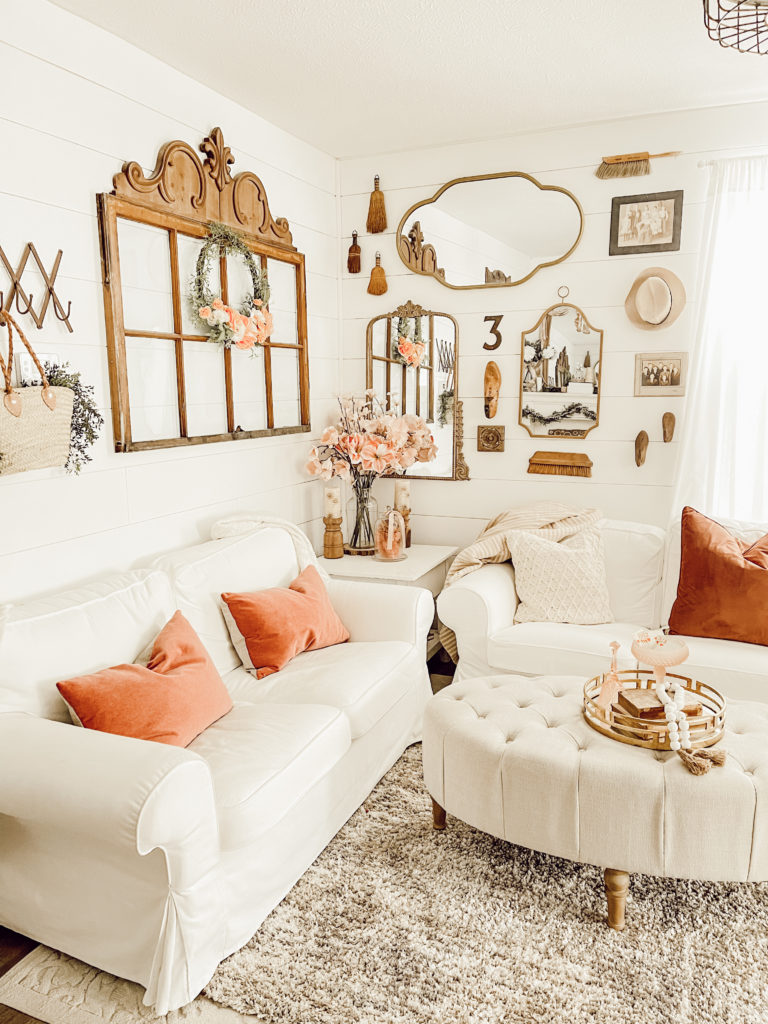 farmhouse style living room with valentines day blush decor