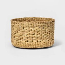 Round Basket with Color Bands and Diagonal Pattern Natural