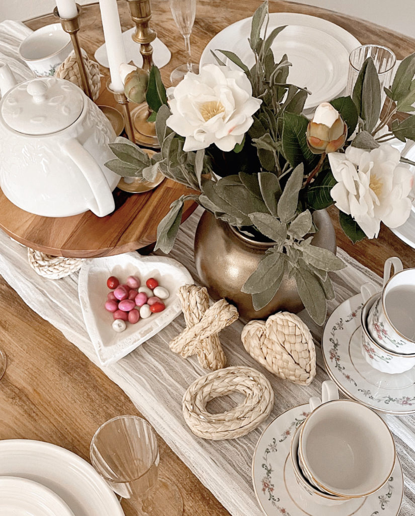Beautiful neutral vintage tea party valentines day table