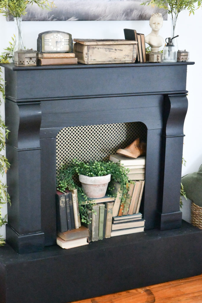 How To Create a DIY Faux Fireplace with Mantle farmhouse master bedroom close up insert