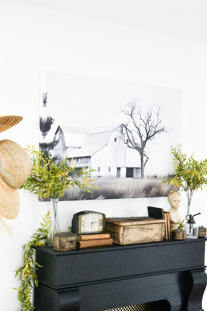 How To Create a DIY Faux Fireplace with Mantle farmhouse master bedroom close up top mantle