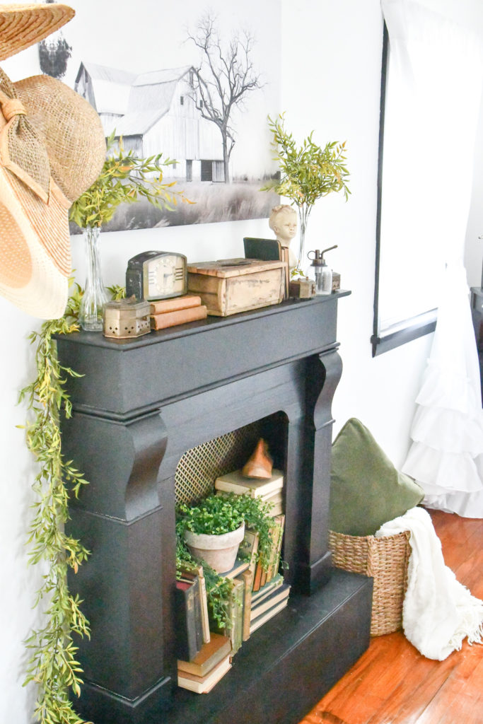 How To Create a DIY Faux Fireplace with Mantle farmhouse master bedroom completed