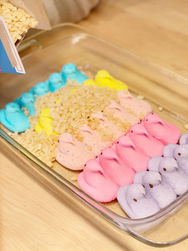 Quick and Easy Peep Rice Krispy Treat Recipe Add cereal