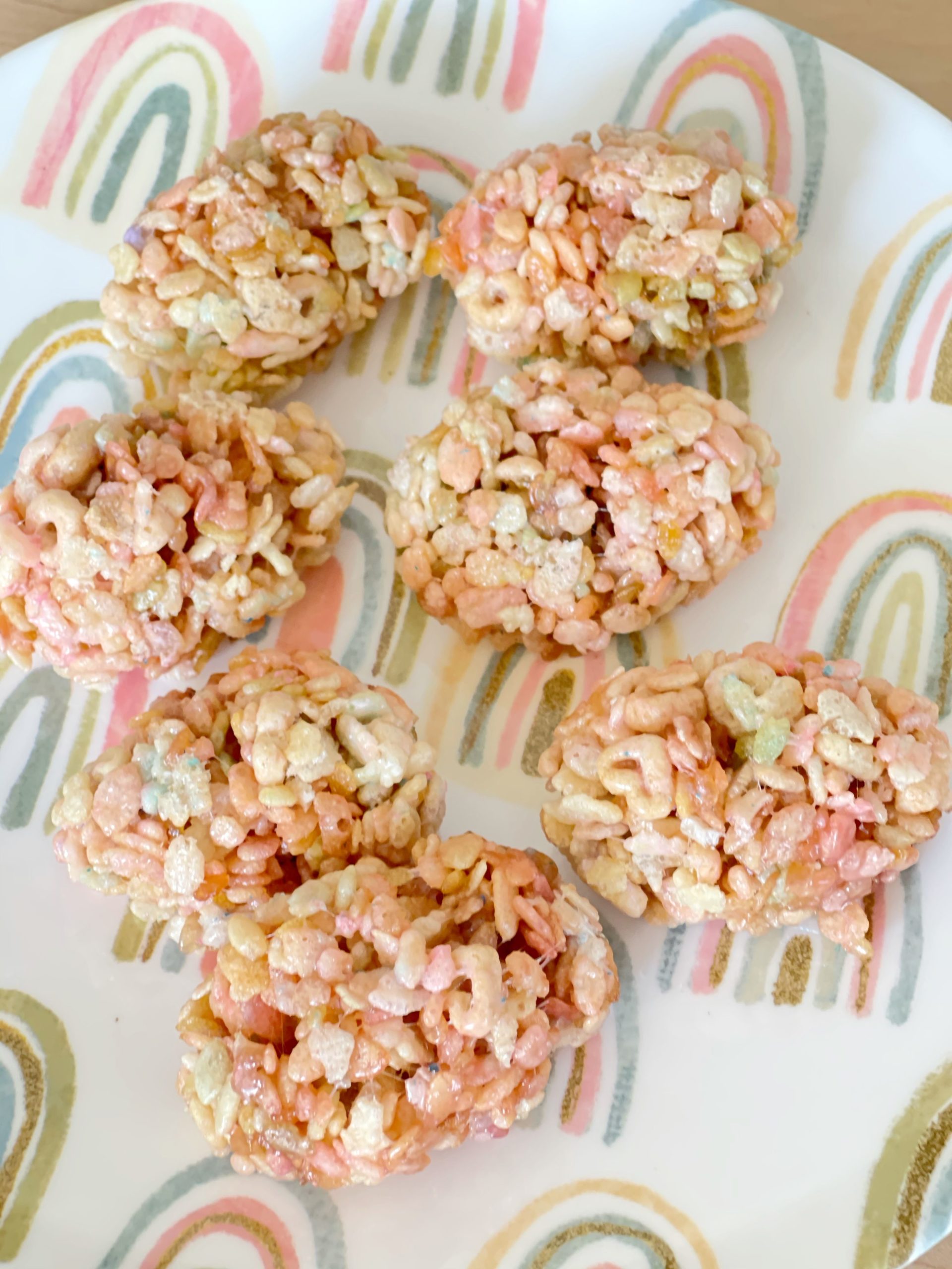 Colorful Peep Rice Krispie Treats on Rainbow Plate: Quick and Easy Family Recipe