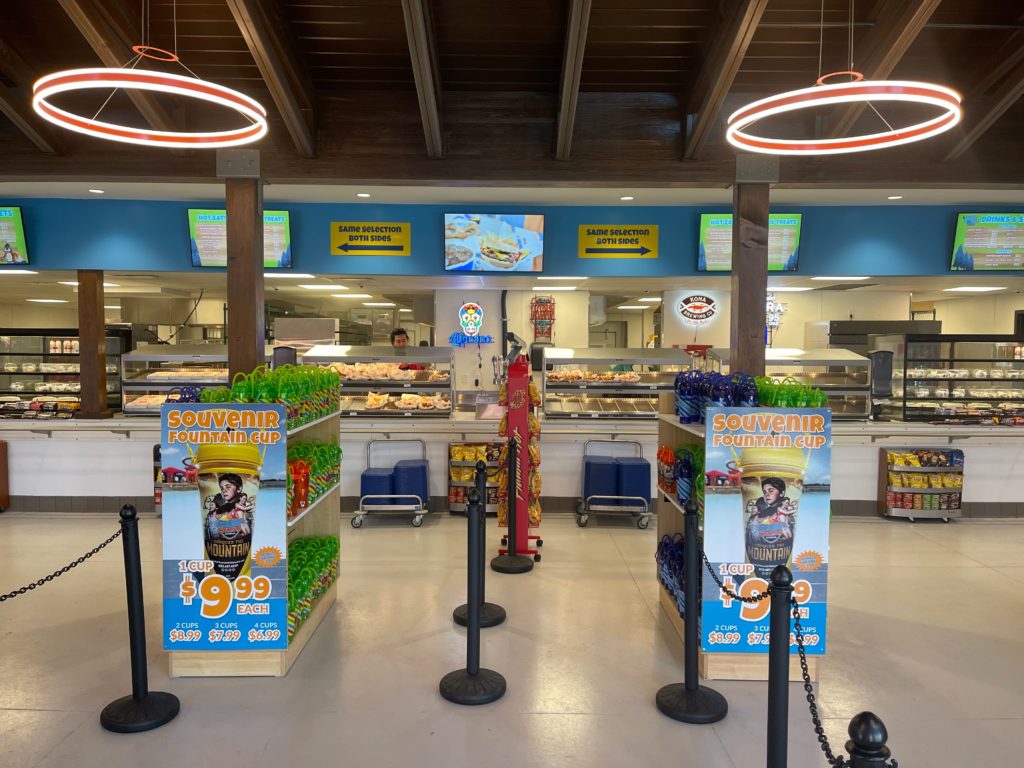 food court inside soaky mountain water park with souvenir cup and grab and go food kitchen