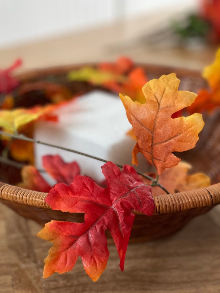Fall DIY Centerpiece Projet basket with foam round tier 1 maple leaves