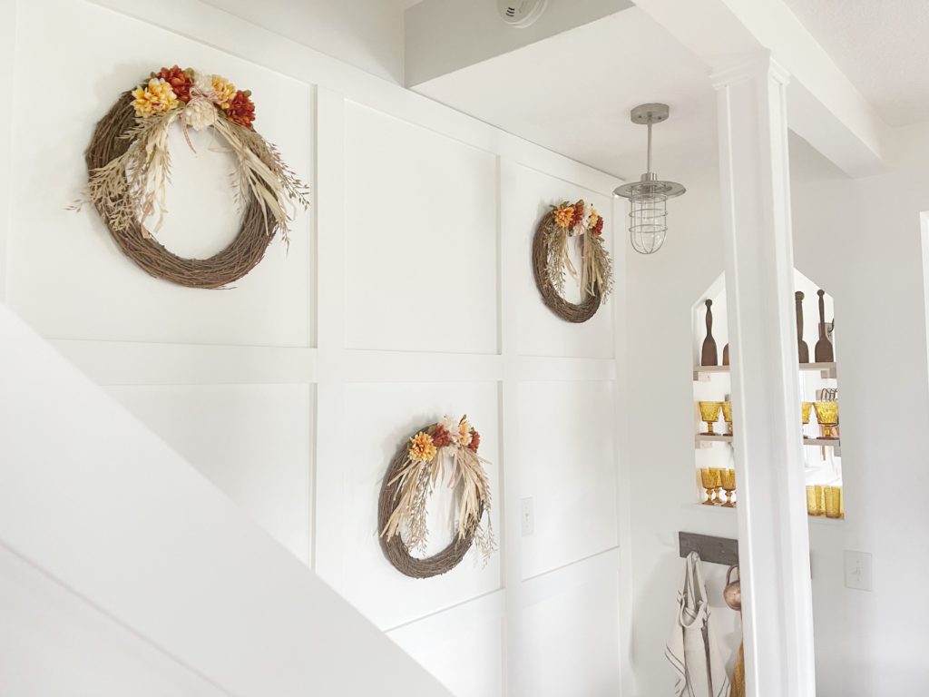 ALL THREE FALL WREATHS ON WALL IN KITCHEN