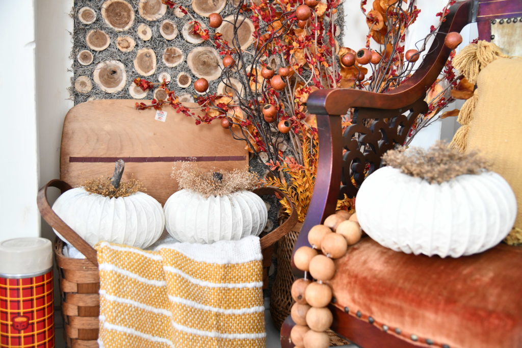DIY Dryer Vent Pumpkin in Basket and on the chair