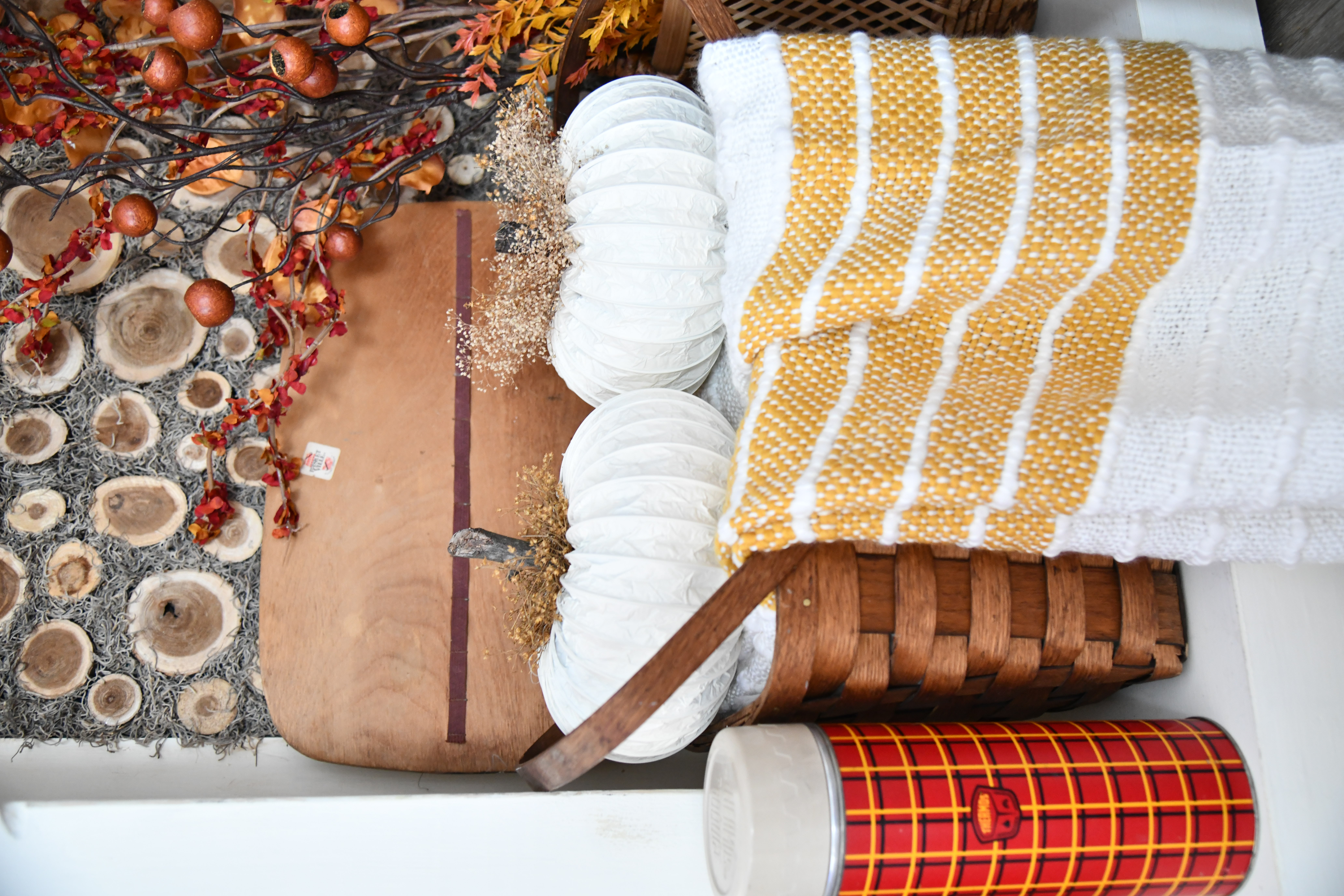DIY Dryer Vent Pumpkin in Basket with thermos