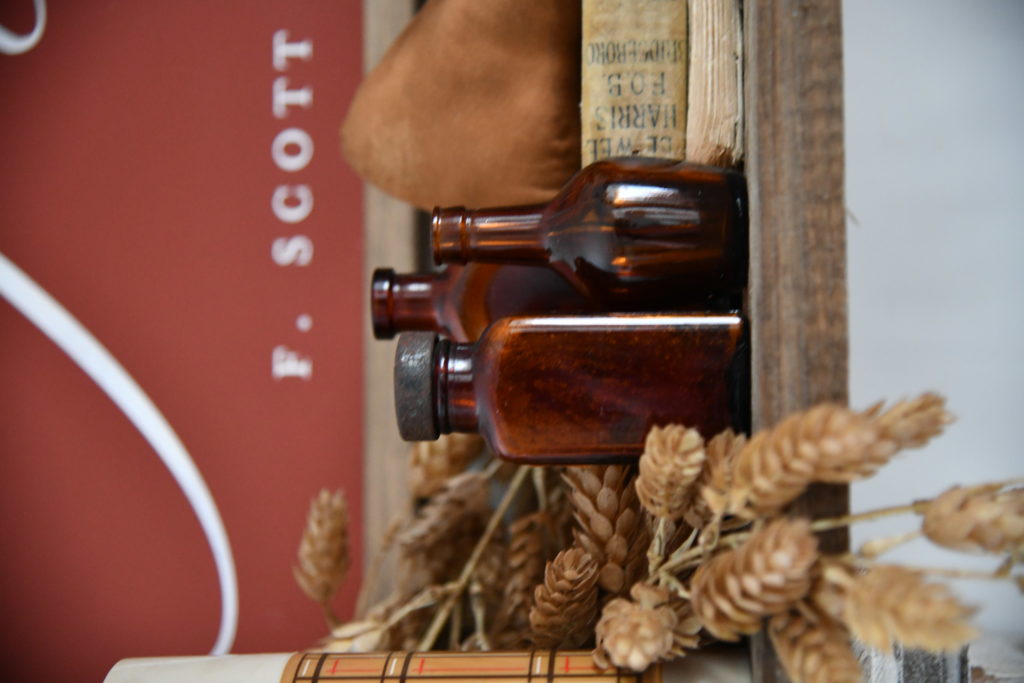 Fall Shelf Styling vintage amber bottles