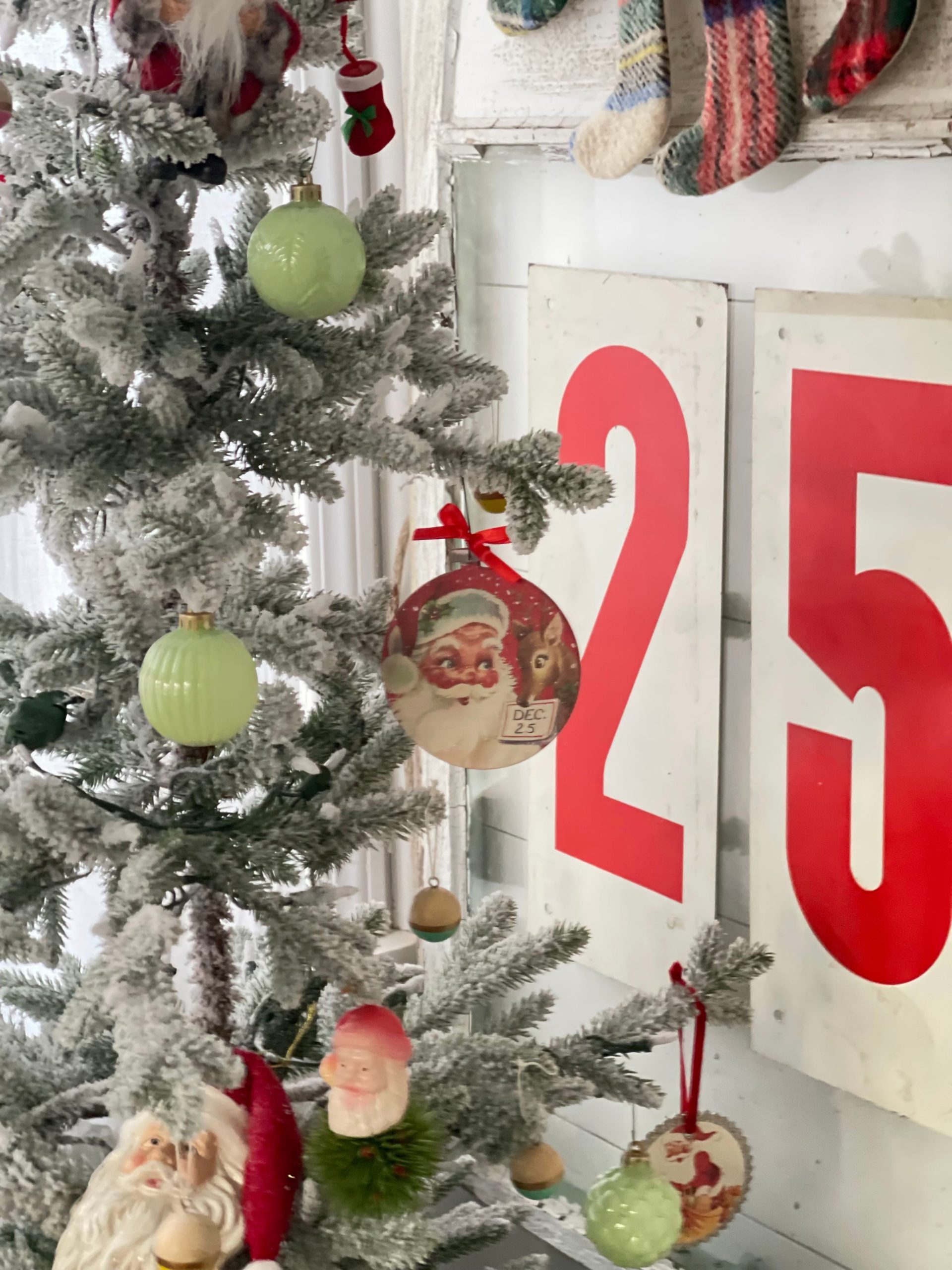 DIY Jadeite ornaments on tree with metal 25 Christmas sign vintage ornaments.