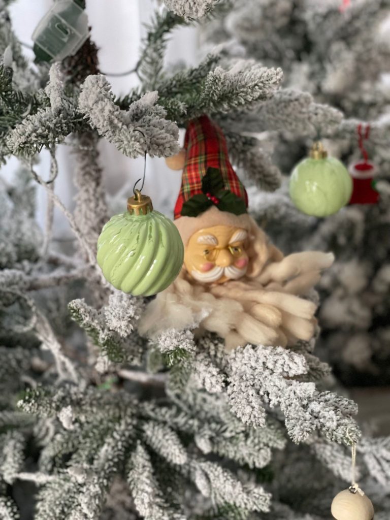 DIY JADEITE ornaments finished on tree with vintage Santas