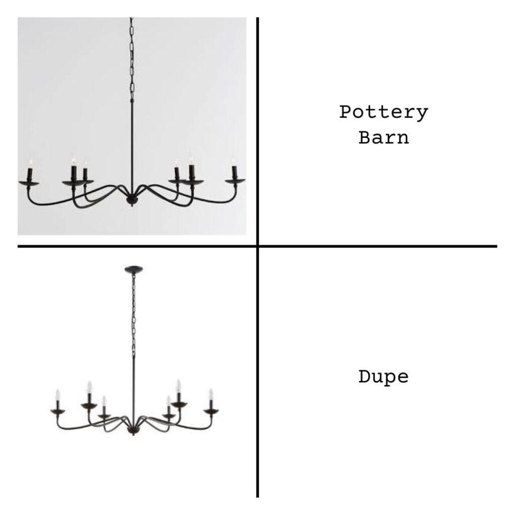 Side-by-side comparison of a pottery barn lighting and the cheaper dupe