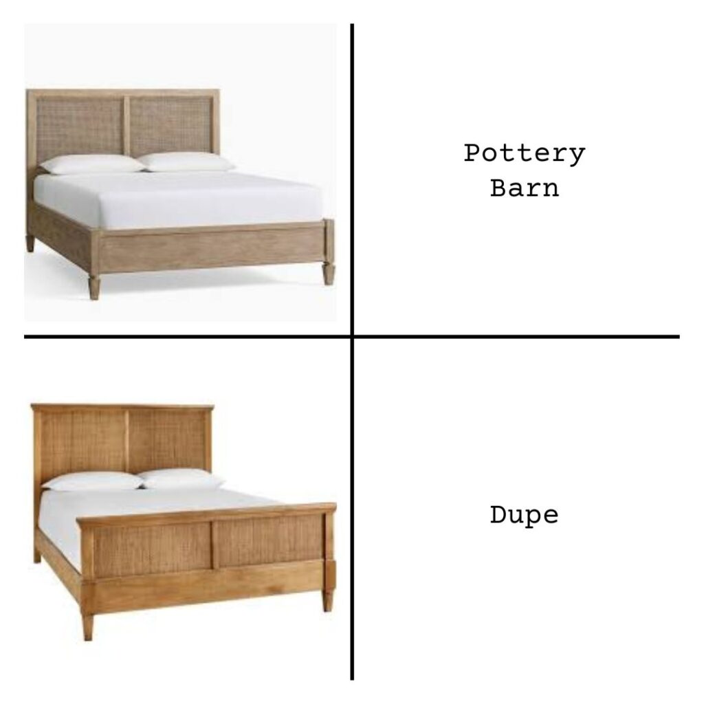 Side-by-side comparison of a pottery barn bed and the cheaper dupe