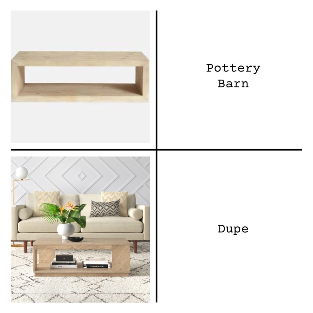 Side-by-side comparison of a pottery barn coffee table and the cheaper dupe