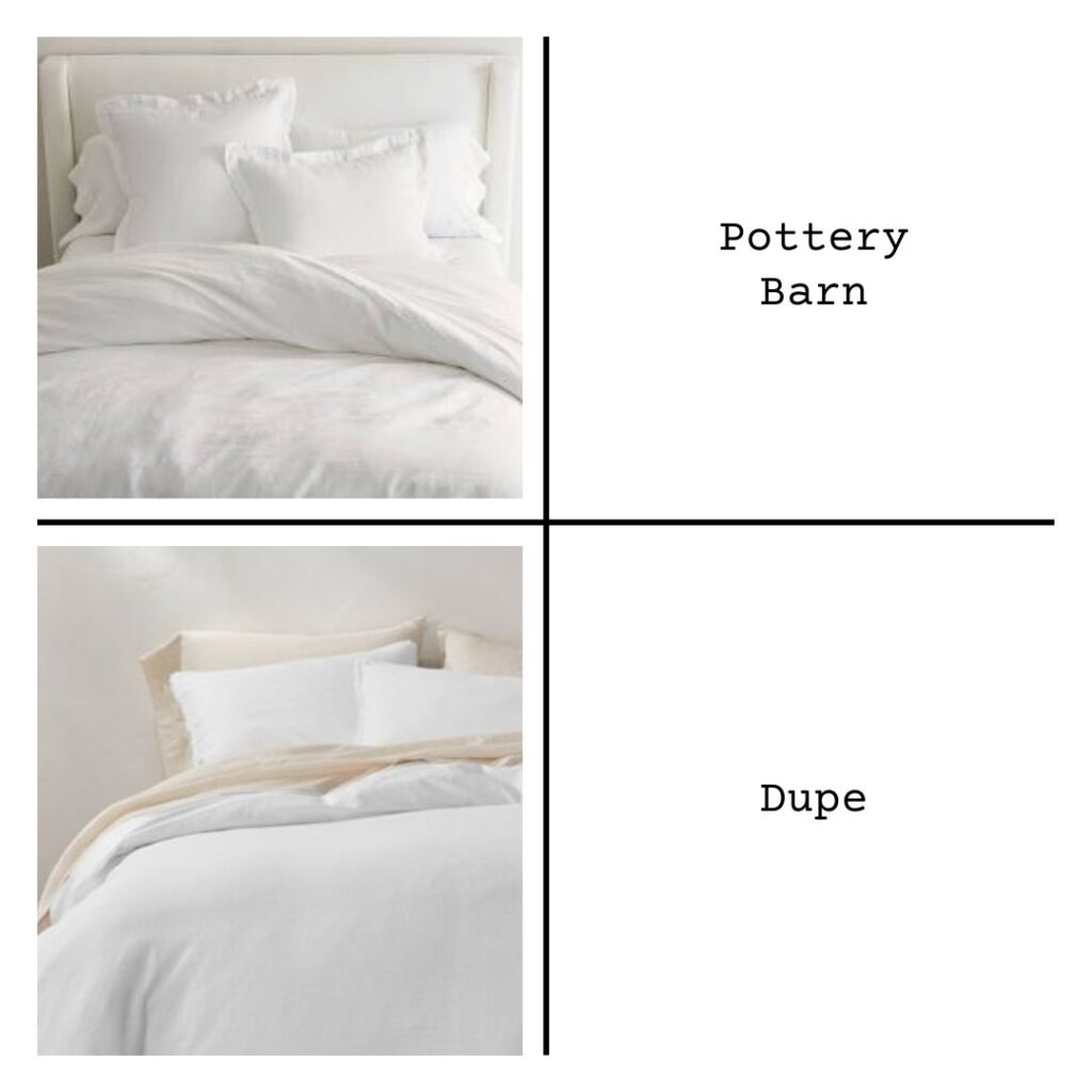 Side-by-side comparison of a pottery barn bedding and the cheaper dupe