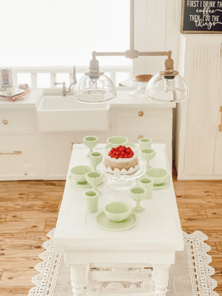 dollhouse kitchen table with mini jadeite dishes