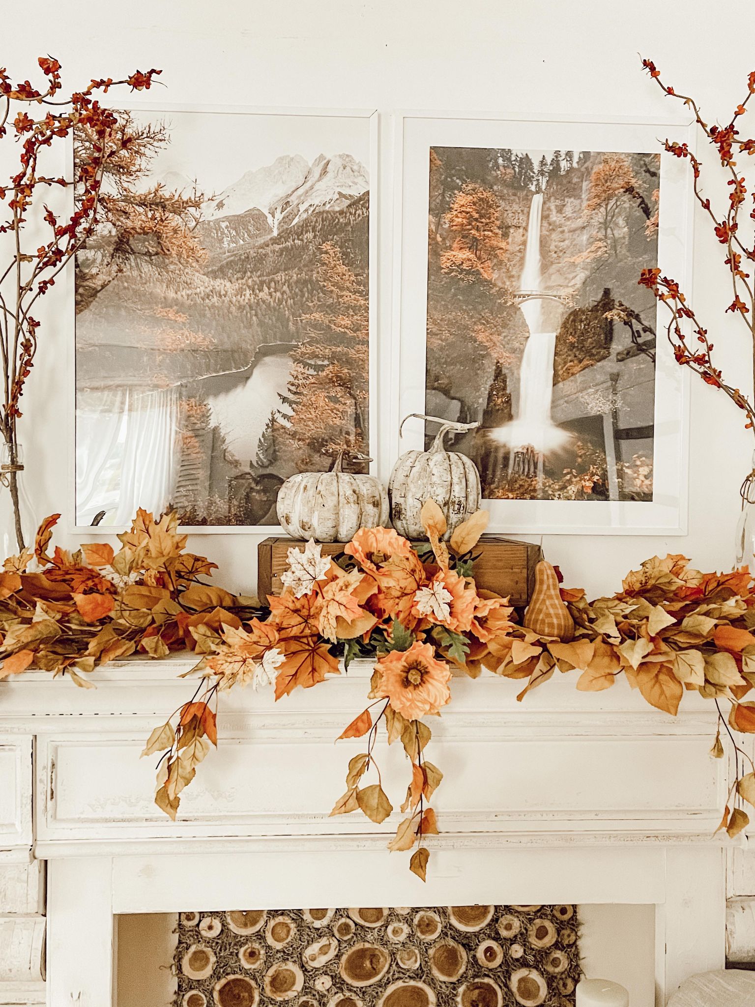 close up of fall mantel with leaves and berries and two framed outdoor fall landscape photos