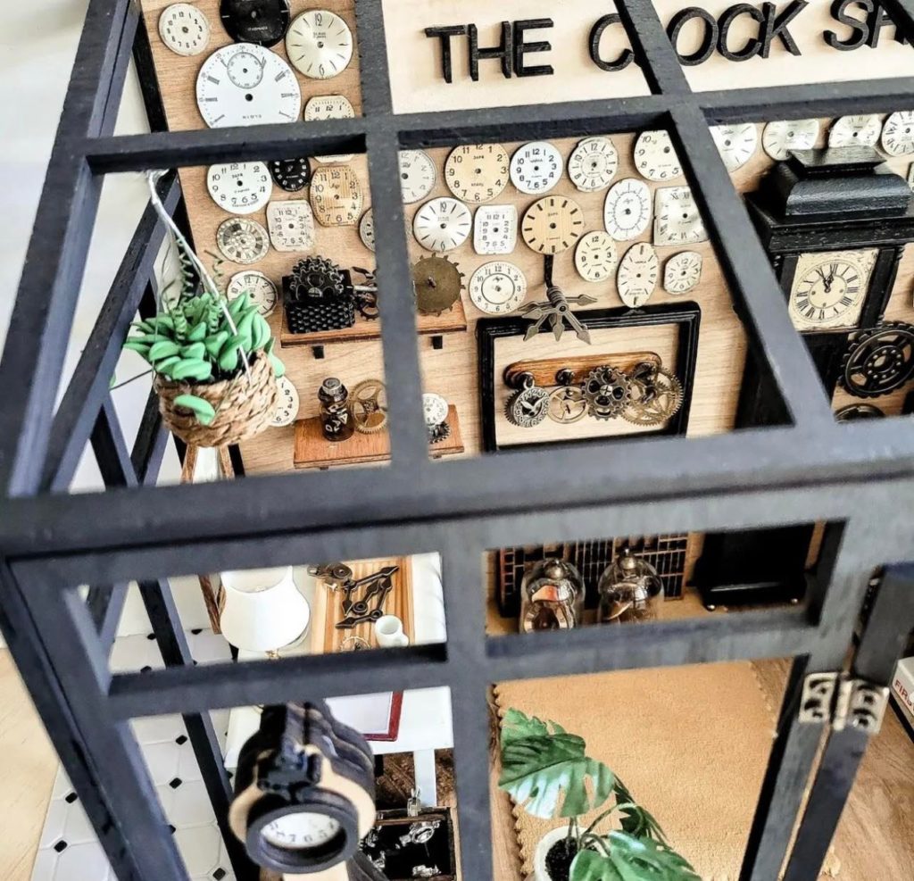 Miniature dollhouse clock shop cieling inside view