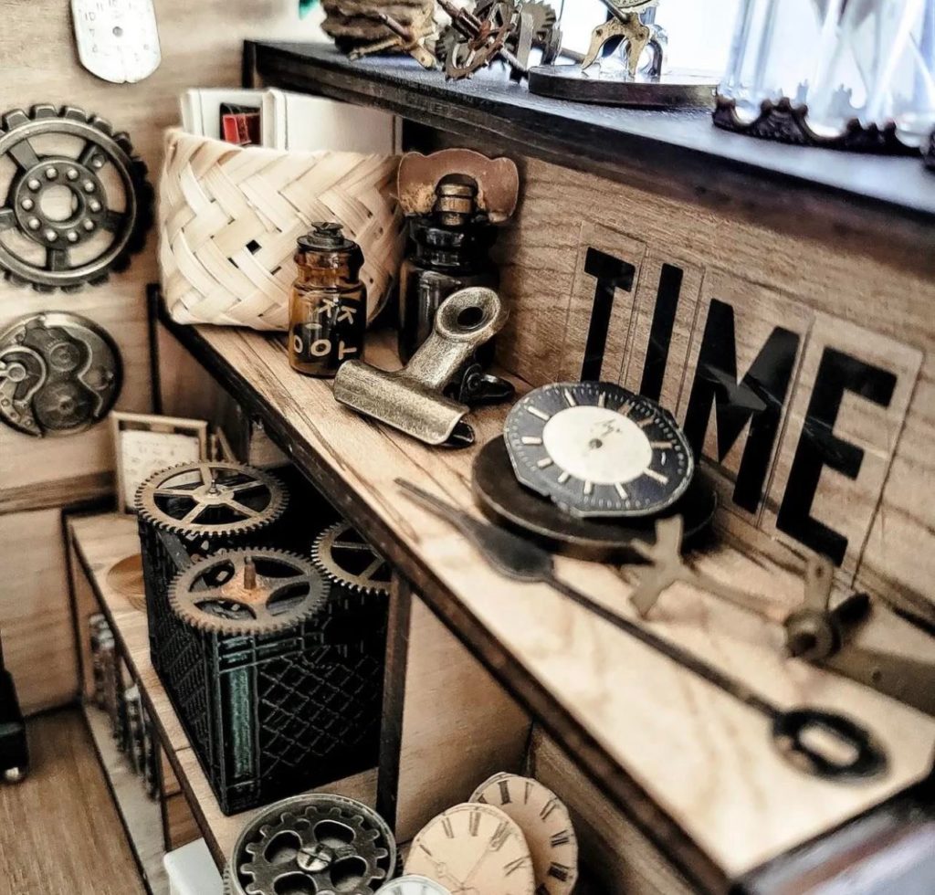 Miniature dollhouse clock shop clock making items