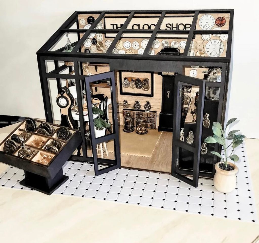 Miniature dollhouse clock shop outside view