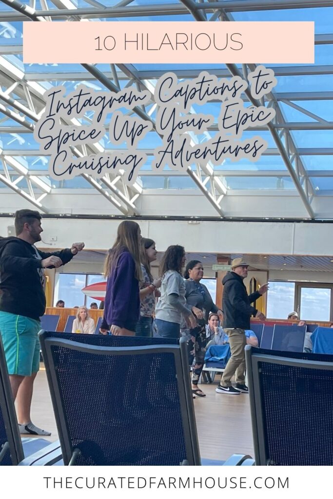 This is a photo of a Pinterest graphic for the blog 10 Hilarious Instagram Captions for Your Epic Cruising Adventures photos of people dancing near pool on a cruise ship with overlay text of the title of the blog