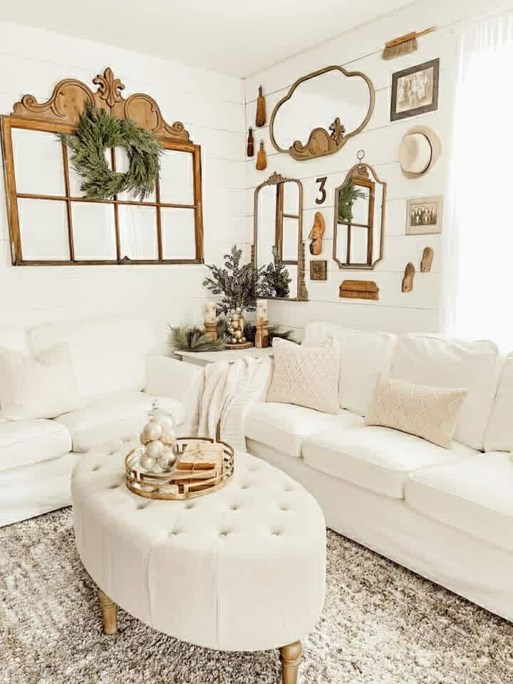 Cozy farmhouse living room styled with neutral winter decor and warm wood accents
Farmhouse living room featuring soft textures, vintage details, and natural light
Neutral farmhouse living room with layered textures and timeless decor